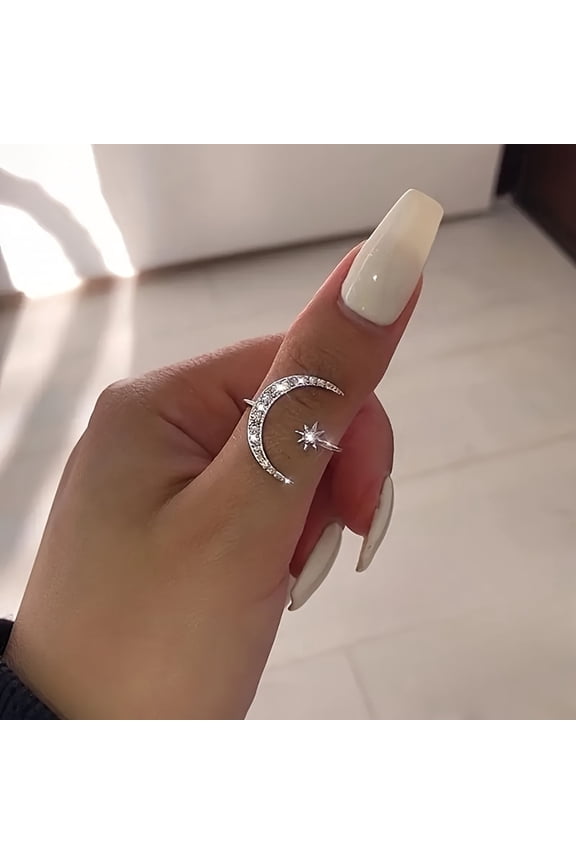 925 Sterling Silver Plated Adjustable Stunning Celestial Open Ring With Dazzling Zircon Accents, Gift Box Included, Perfect For Any Occasion