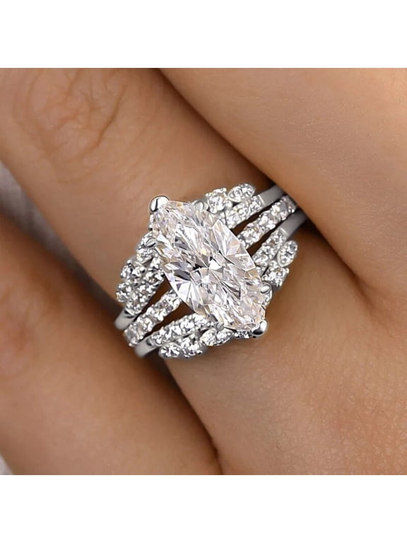 Silver Plated Cut CZ Engagement Ring Set, V Shape Crown Pave Simulated Diamond Stackable Wedding Ring Set, 2Pcs Stackable Engagement Wedding Ring Party Promise CZ Jewelry Size 9