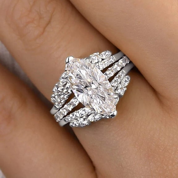 Silver Plated Cut CZ Engagement Ring Set, V Shape Crown Pave Simulated Diamond Stackable Wedding Ring Set, 2Pcs Stackable Engagement Wedding Ring Party Promise CZ Jewelry Size 8