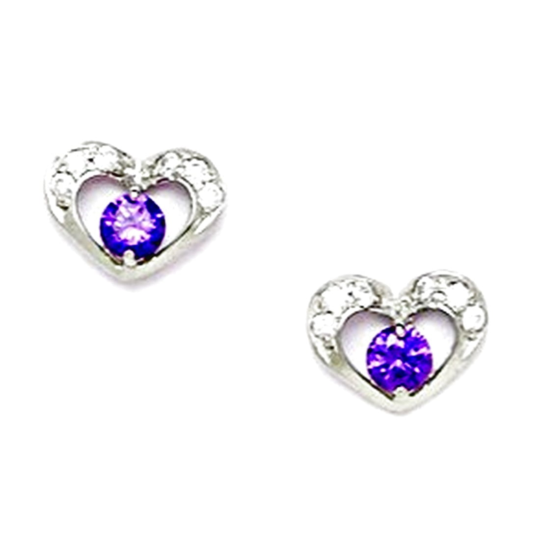 925 Sterling Silver Plated February Purple 3x3mm CZ Love Heart Screw Back Earrings 7x9mm Stud Earring for Women