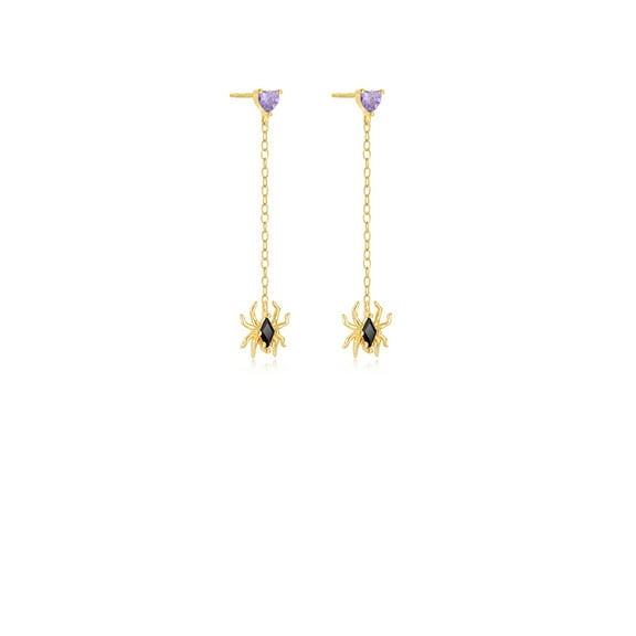 925 Sterling Silver Plated Gold Creative Personality Halloween Spider Tassel Stud Earrings with Cubic Zirconia
