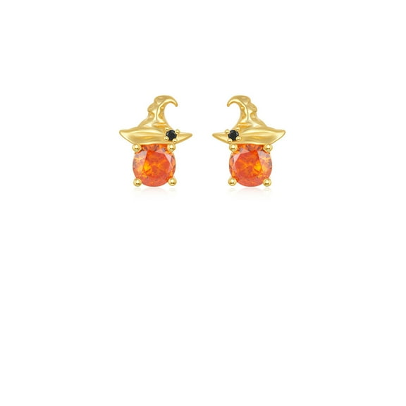 925 Sterling Silver Plated Gold Fashion Creative Halloween Hat Stud Earrings with Orange Cubic Zirconia