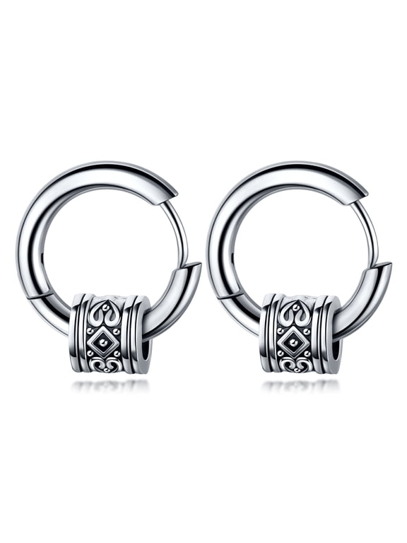 925 Sterling Silver Plated Mens Hoop Earrings, Vintage Engraved Cylindrical Bead Huggie Clicker Hoops, Hypoallergenic Retro Tribal Hip Hop Jewelry Gift