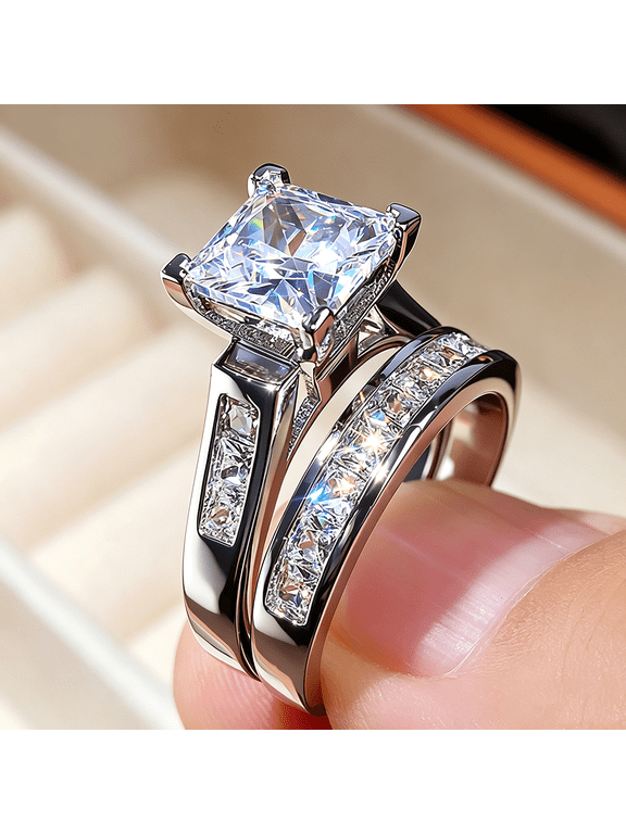 925 Sterling Silver Plated Princess Cut Bridal Engagement Ring Sets Wedding Bands for Women's Stackable Eternity Crystal Square Cut Promise Cubic Zirconia Ring for Women Size 6-10(6#)