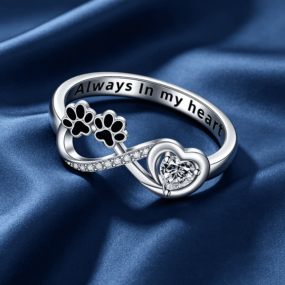 925 Sterling Silver Plated Puppy Paw Print Heart Ring Pet Lover Jewelry Cute Dog Paw Statement Ring Memorial Accessory Sentimental Birthday Gift for Dog Lovers & Pet Owners Size 6-10(9#)