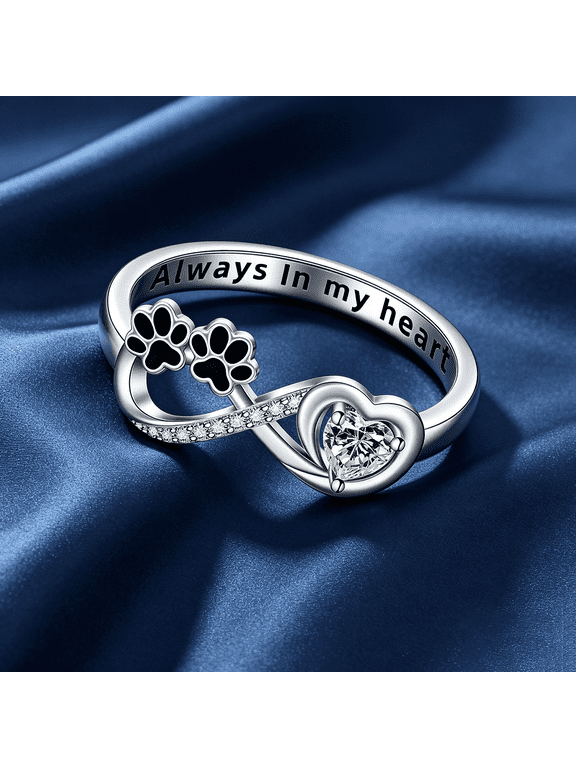 925 Sterling Silver Plated Puppy Paw Print Heart Ring Pet Lover Jewelry Cute Dog Paw Statement Ring Memorial Accessory Sentimental Birthday Gift for Dog Lovers & Pet Owners Size 6-10(10#)