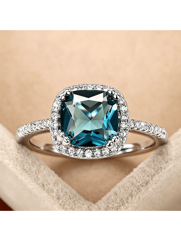 925 Sterling Silver Plated Square Cut Blue Topaz Halo Cube Zircon CZ Engagement Ring for Women's Wedding Band Statement Party Cocktail Sapphire Promise Rings for Women's Gift Size 6-10(9#)
