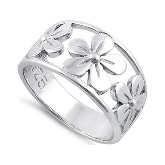 925 Sterling Silver Platinum Plated Floral Design Art Deco Nature Inspired Band Promise Band Rings