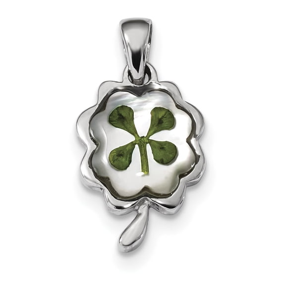 925 Sterling Silver Platinum Plated Leaf Clover Epoxy & Shell (14.48x28.4mm) Pendant / Charm