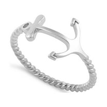 925 Sterling Silver Platinum Plated Twisted Rope Shank Anchor Valentines Day Gifts Ring