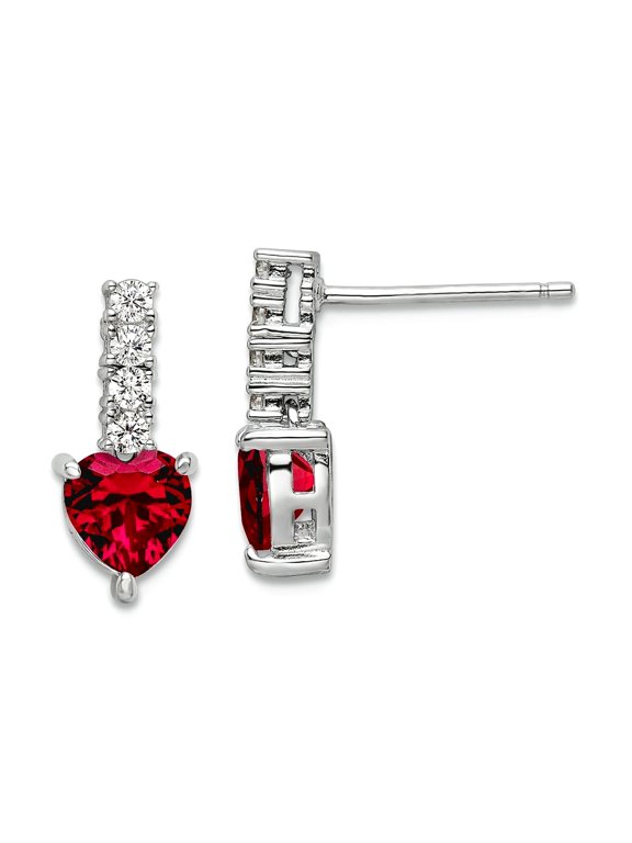 925 Sterling Silver Polish Rhodium Plated Created Ruby Love Heart Post Long Drop Dangle Earrings 16x6.78mm Wide Dangle E