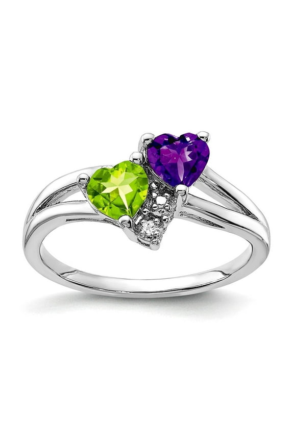 925 Sterling Silver Polished Amethyst Peridot Diamond Ring Size 8 2mm Wide Ring for Women