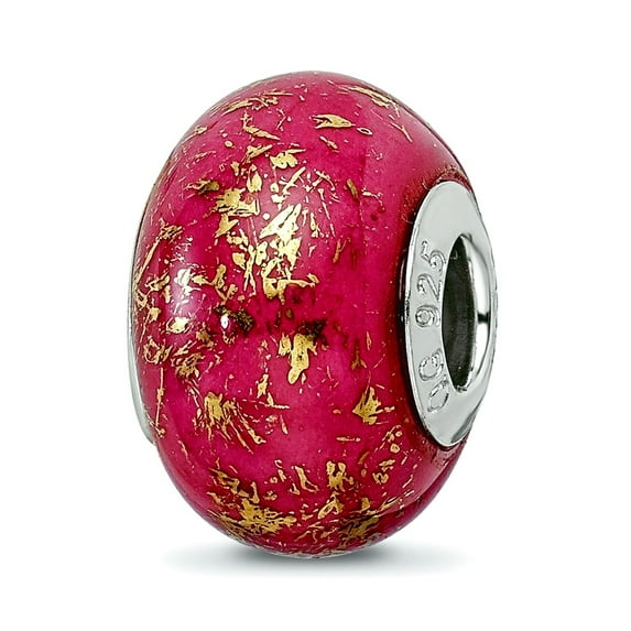925 Sterling Silver Polished Oxidized Reflections Dark Pink With Gold Foil Ceramic Bead Charm 13.64x9.09mm Wide Pendant