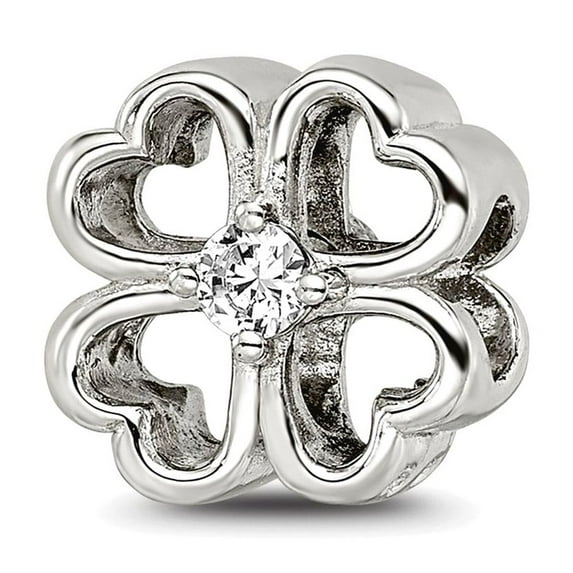 925 Sterling Silver Polished Oxidized Reflections Four Leaf Clover With Cubic Zirconia Bead Charm 10x10.00mm Wide Pendan
