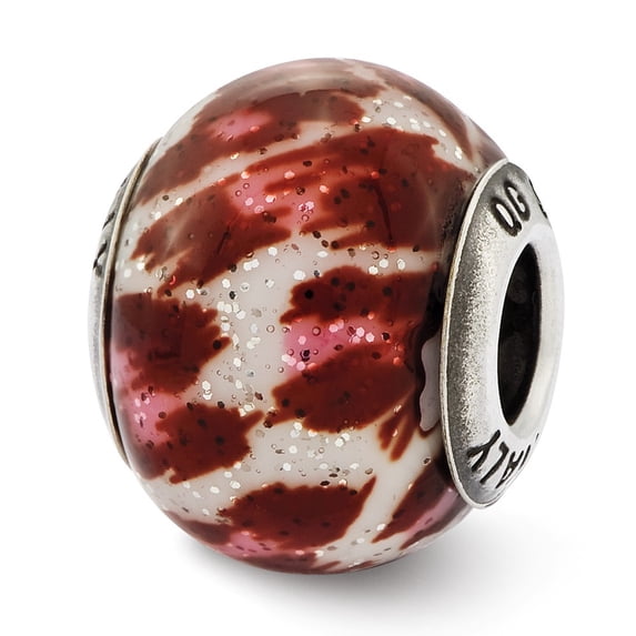Sterling Silver Reflections Italian Pink and Brown With Glitter Glass Bead Charm - Measures 12.73x10.00mm Wide