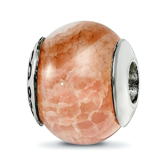 925 Sterling Silver Polished Oxidized Reflections Peach Cracked Agate Stone Bead Charm 12.73x10.91mm Wide Pendant Neckla