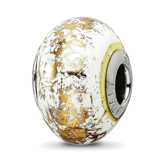 925 Sterling Silver Polished Oxidized Reflections White With Gold Foil Ceramic Bead Charm 12.73x9.09mm Wide Pendant Neck