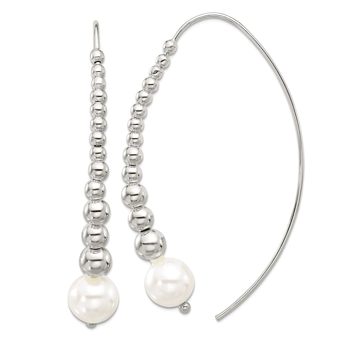 925 Sterling Silver Polished Beaded Simulated Pearl Threader Earrings 56x9mm Wide Stud Earring for Women