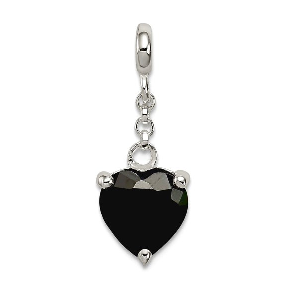 925 Sterling Silver Polished Black Cubic Zirconia Love Heart 1/2inch Dangle Enhancer Charm 23x9mm Wide Pendant Necklace