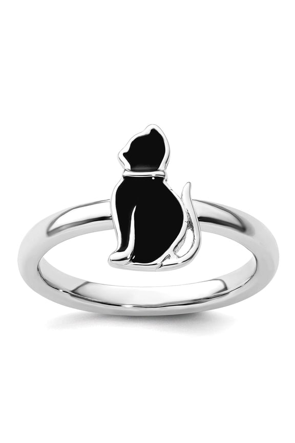 925 Sterling Silver Polished Black Enameled Cat Stackable Ring Size 10 Stackable Ring for Women
