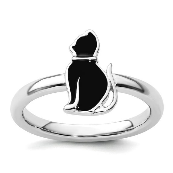 925 Sterling Silver Polished Black Enameled Cat Stackable Ring Size 10 Stackable Ring for Women