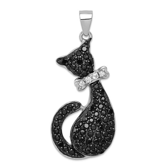 925 Sterling Silver Polished Black and White Cubic Zirconia Cat With Bow Pendant Necklace 35x15mm Wide Pendant for Women