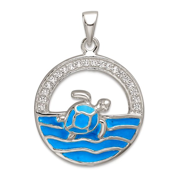 925 Sterling Silver Polished Blue Enamel and Cubic Zirconia Sea Turtle Circle Pendant Necklace 26.75x19.2mm Wide 5mm Thi
