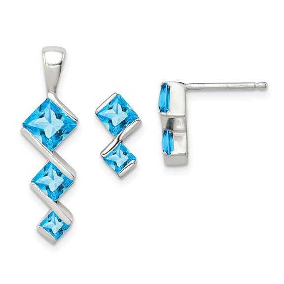 925 Sterling Silver Polished Blue Topaz Pendant and Post Earrings Set