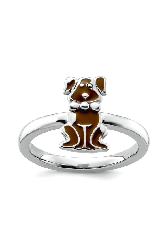 925 Sterling Silver Polished Brown Enameled Animal Pet Dog Stackable Ring Size 8 Stackable Ring for Women