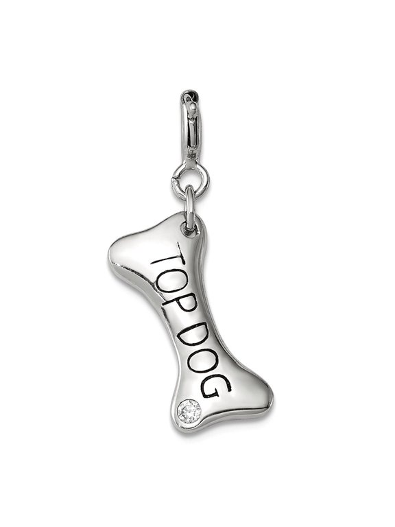 925 Sterling Silver Polished Cubic Zirconia Animal Pet Dog Bone Top Dog Charm 27x8mm Wide Pendant Necklace for Women