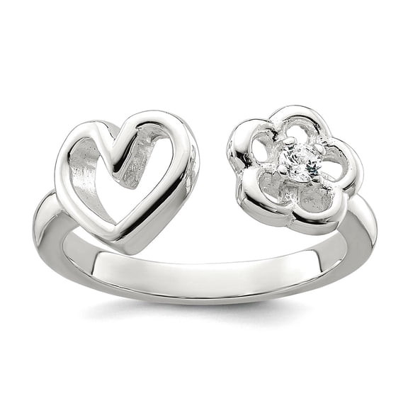 925 Sterling Silver Polished Cubic Zirconia Flower and Love Heart Open Ring Size 8 Statement Ring for Women