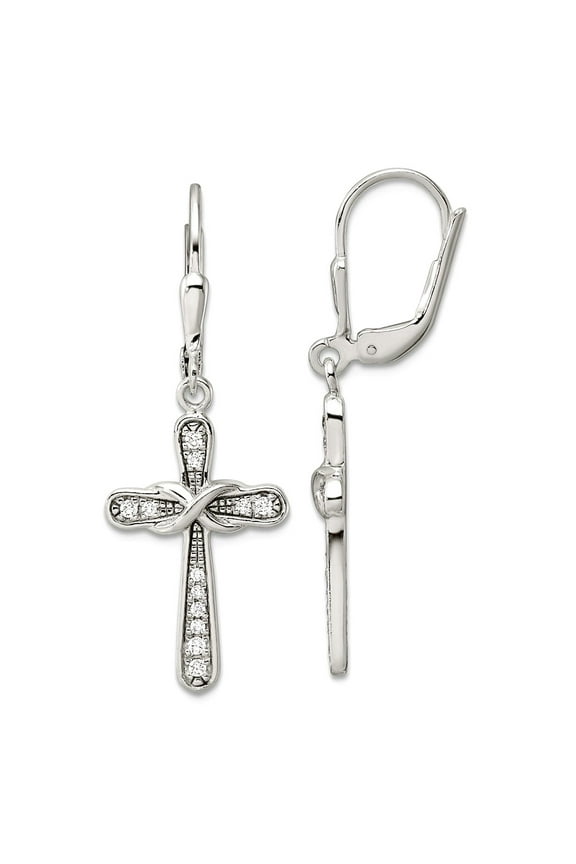 925 Sterling Silver Polished Cubic Zirconia Infinity Religious Faith Cross Leverback Long Drop Dangle Earrings 38.3x13.6