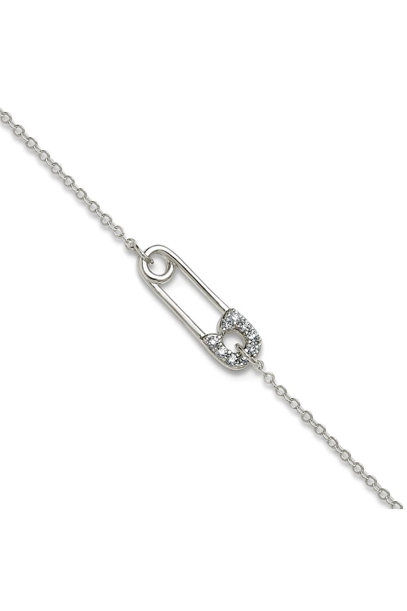 925 Sterling Silver Polished Cubic Zirconia Safety Pin Plus 1 Inch Extension Anklet 9 Inch 1mm Wide Anklet for Women