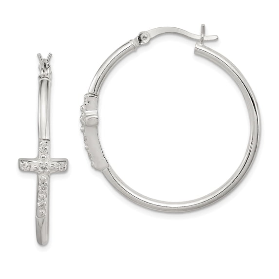 925 Sterling Silver Polished CZ Fancy Cross Hinged Hoop Earrings