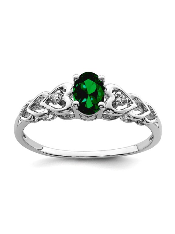 925 Sterling Silver Polished Created Emerald and Diamond Ring Size 8 2mm Wide Ring for Women