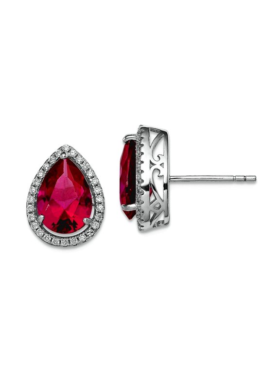 925 Sterling Silver Polished Created Ruby and Cubic Zirconia Post Earrings 14x11mm Wide Stud Earring for Women