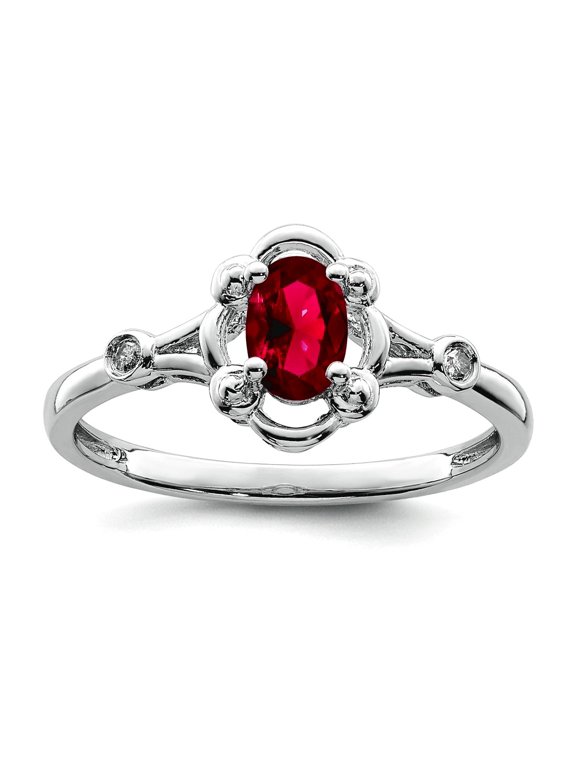 925 Sterling Silver Polished Created Ruby and Diamond Ring Size 7 2mm Wide Ring for Women