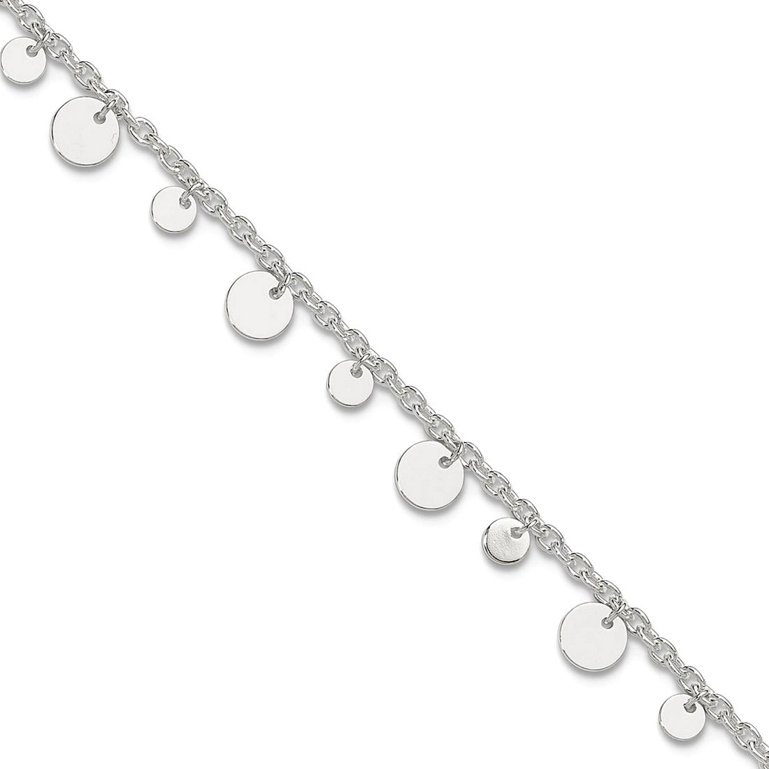 925 Sterling Silver Polished Dangling Circle and Love Heart Anklet 10 Inch Lobster Claw 2mm Wide Anklet for Women