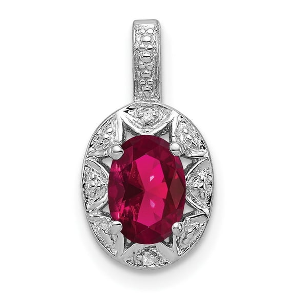 925 Sterling Silver Polished Diamond and Created Ruby Pendant Necklace - .01 dwt - Pendant for Women