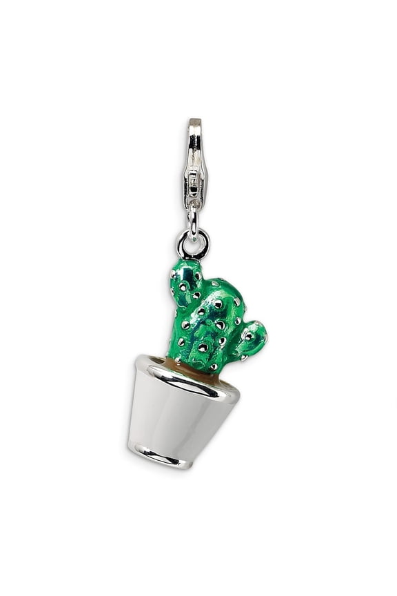 Sterling Silver 3-D Enameled Potted Green Cactus With Lobster Clasp Charm - Measures 30x10mm
