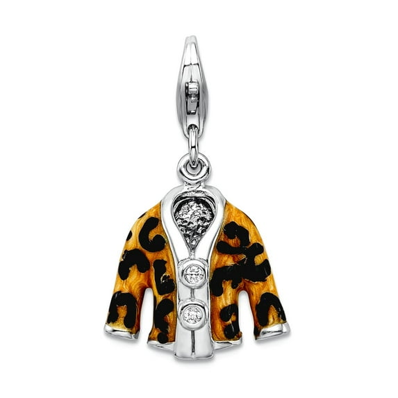 925 Sterling Silver Polished Fancy Lobster Closure Click-on Cubic Zirconia Enamel Leopard Jacket Charm 26x14mm Pendant N