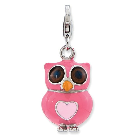Sterling Silver Enameled 3-d Heart Owl With Lobster Clasp Charm - 4.8 Grams - Measures 38x12mm Wide