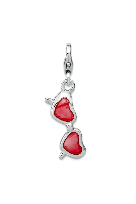 925 Sterling Silver Polished Fancy Lobster Closure Enameled Simulated Coral Love Heart Sun-Glass-shape With Lobster Clas