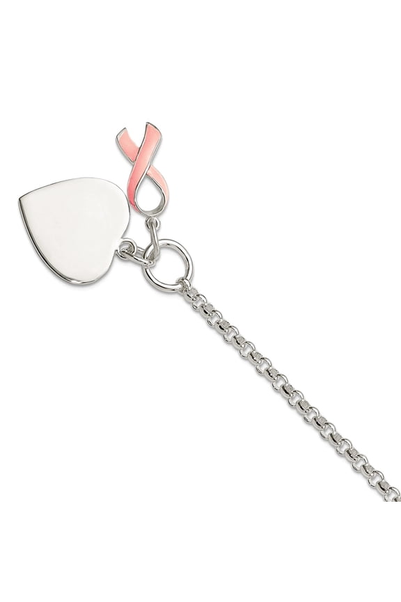 925 Sterling Silver Polished Fancy Love Heart Pink Ribbon Bracelet 7.5 Inch Toggle 20mm Wide Link Bracelet for Women