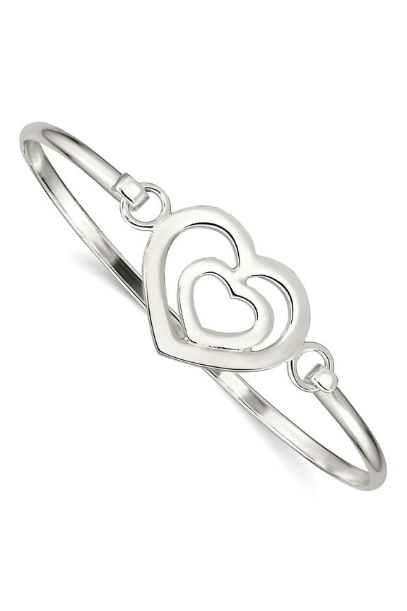 925 Sterling Silver Polished Flexible Love Heart Within A Heart Bangle Bracelet 3mm Wide Cuff Bracelet for Women