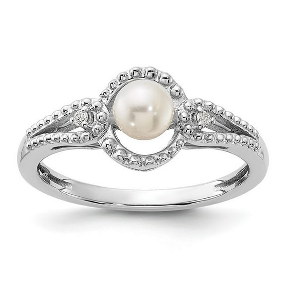 925 Sterling Silver Polished Freshwater Cultured Pearl and Diamond Ring Size 8 - Ring for Women