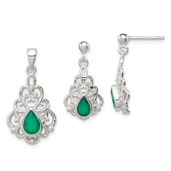 925 Sterling Silver Polished Green Agate Pendant and Post Earrings Set