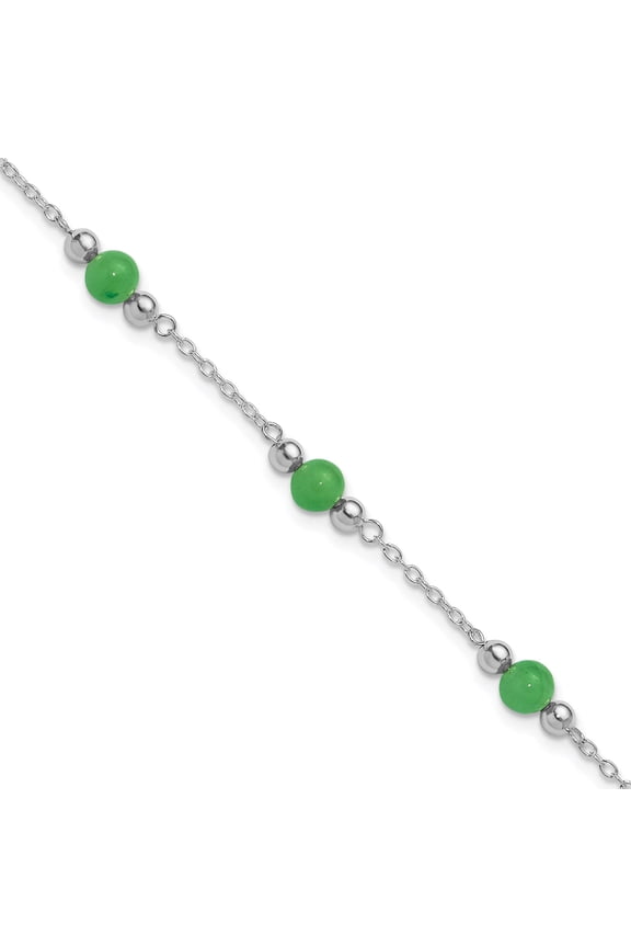 Sterling Silver Rhodium-plated 9-inch Polished Green Jade Anklet