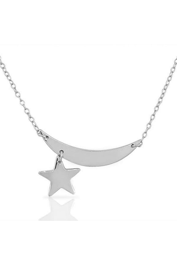 925 Sterling Silver Polished Half-Moon Star Sideways Pendant Necklace