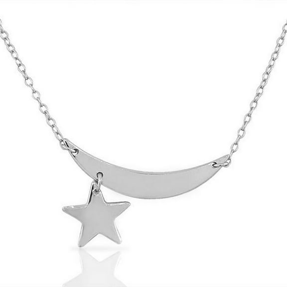 925 Sterling Silver Polished Half-Moon Star Sideways Pendant Necklace